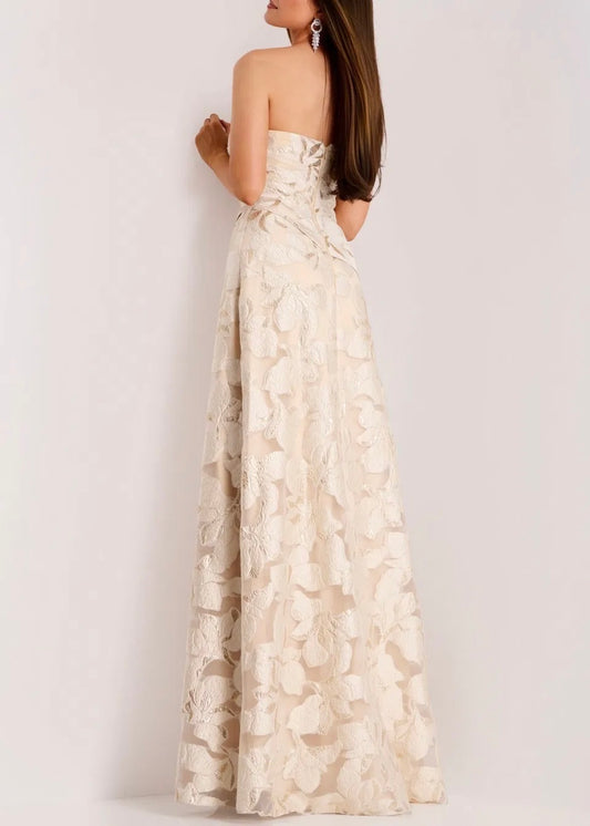 Metallic Jacquard Floral Embroidery A-Line Gown