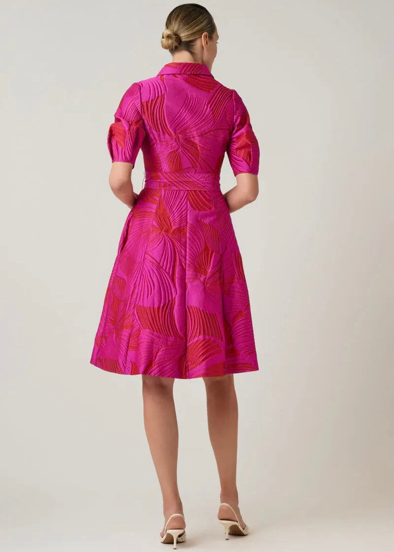 Jacquard Abstract Print Puff Sleeve Shirt Dress