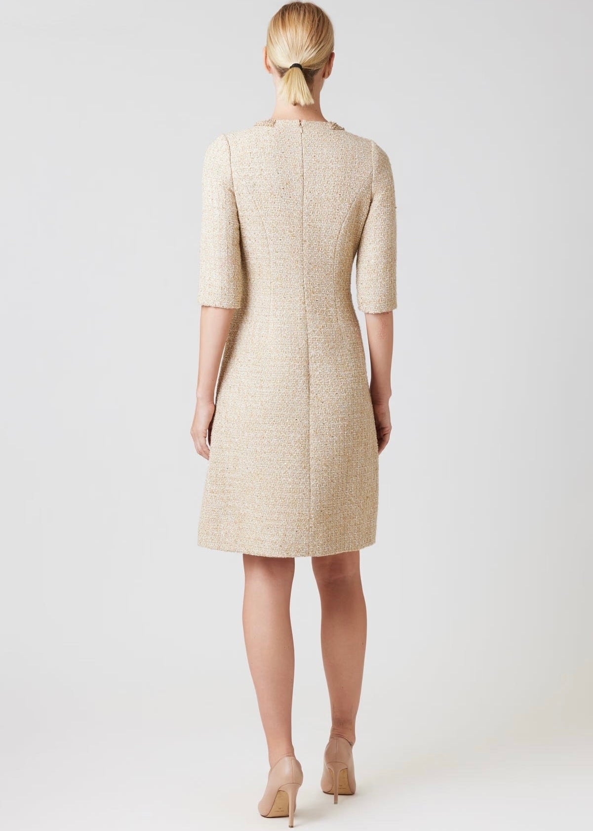 Metallic Boucle Elbow Sleeve Jewel Trim Dress