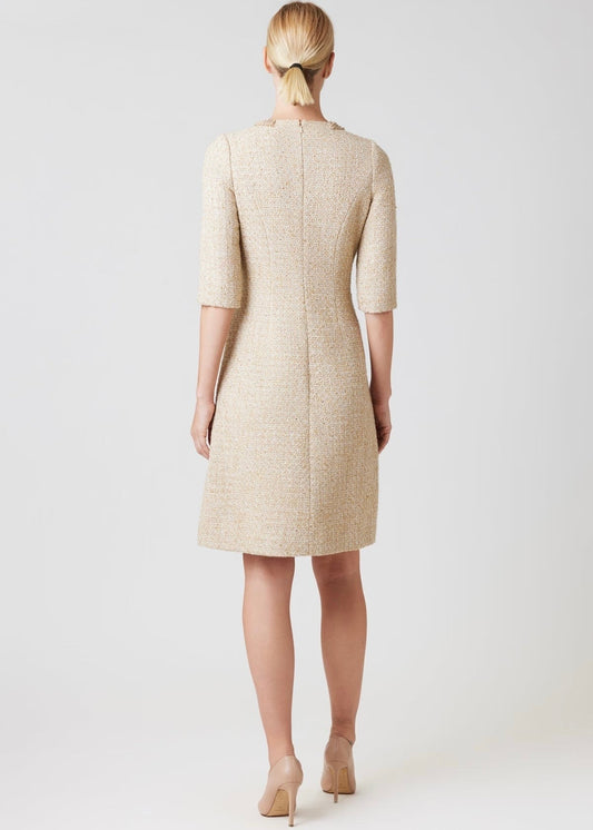 Metallic Boucle Elbow Sleeve Jewel Trim Dress