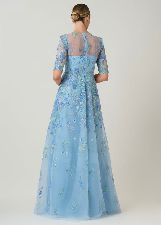 Embroidered Tulle Jewel Neck Elbow Sleeve Gown
