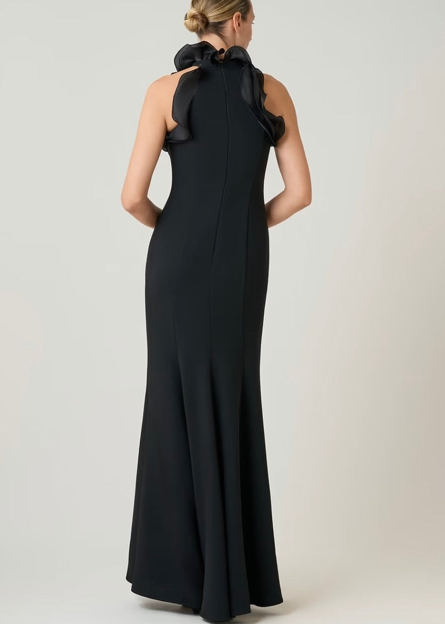 Stretch Crepe Ruffled Halter Gown