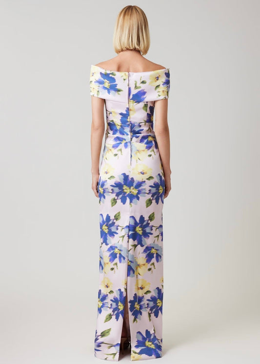 Mikado Digital Print Cuff Bodice Ruched Gown