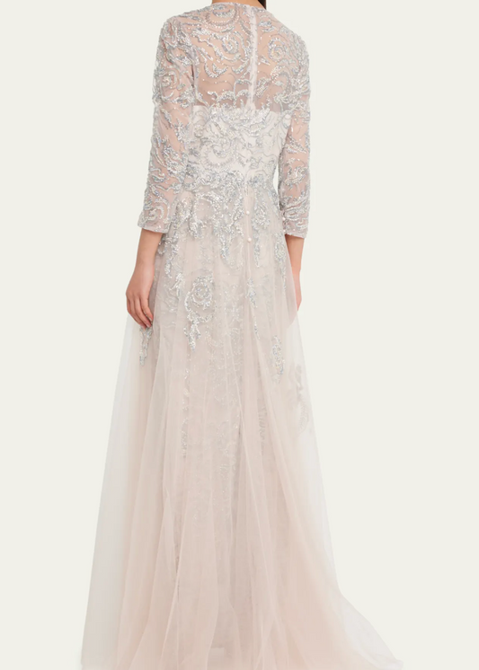 Long Sleeve Beaded Tulle Gown