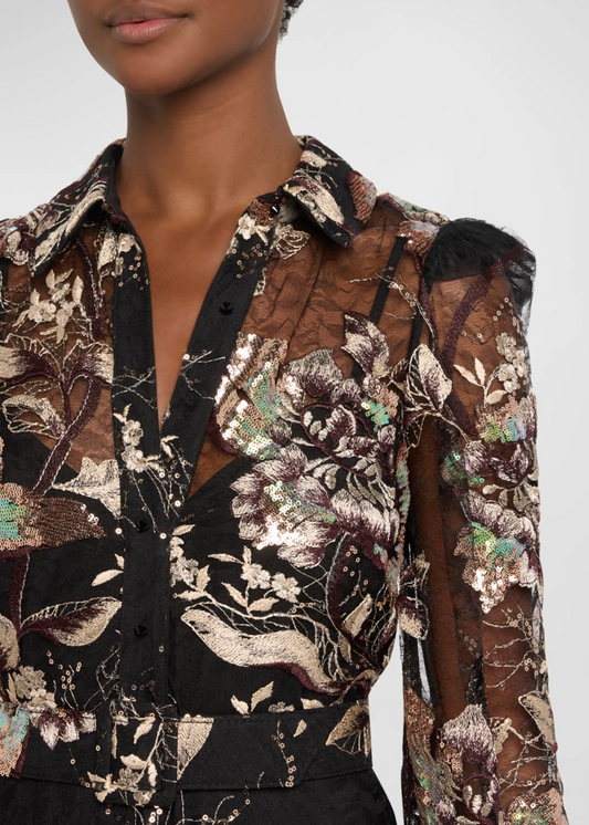 Belted Embroidered Sequin Lace Shirt Gown