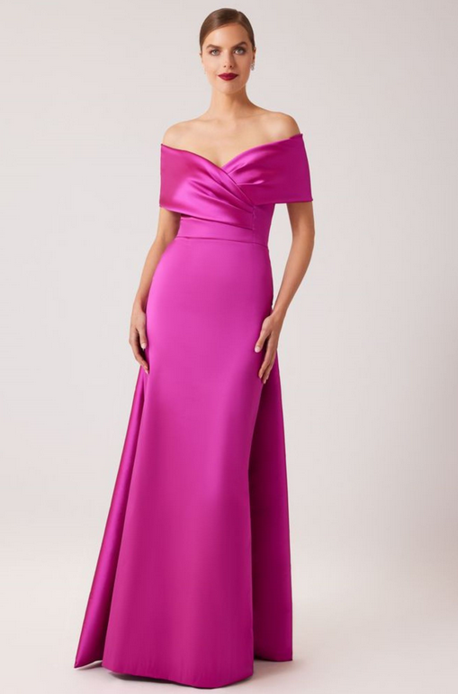 Stretch Gazar Portrait Gown with Attached Cape