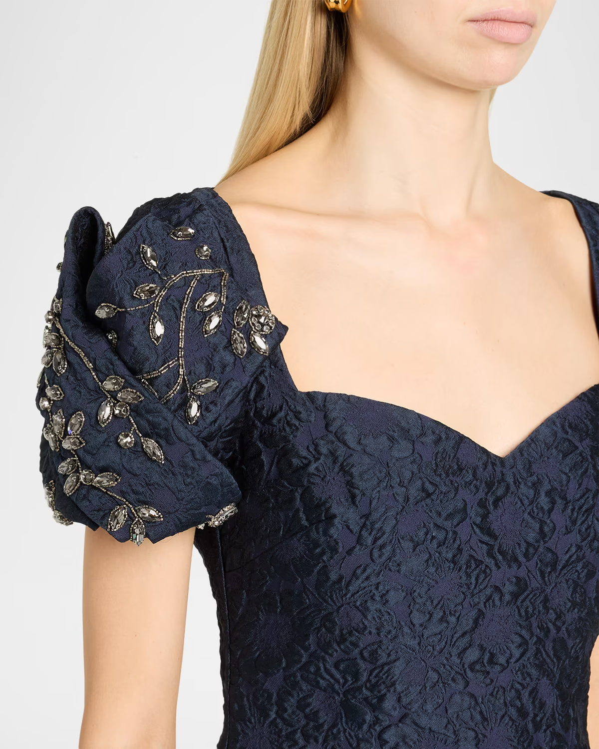 Puff-Sleeve Jacquard Mermaid Gown