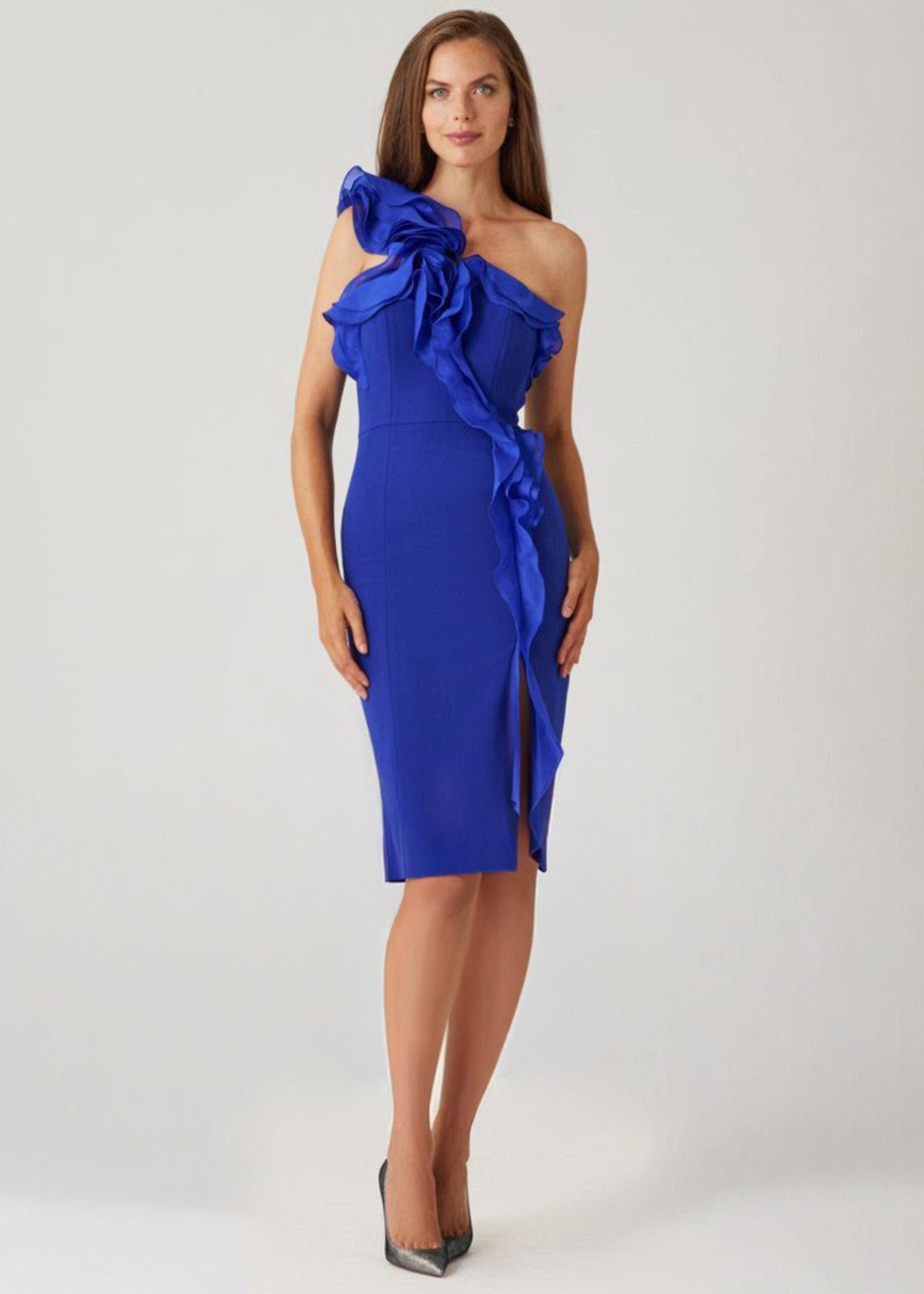 Crepe One Shoulder Organza Dress