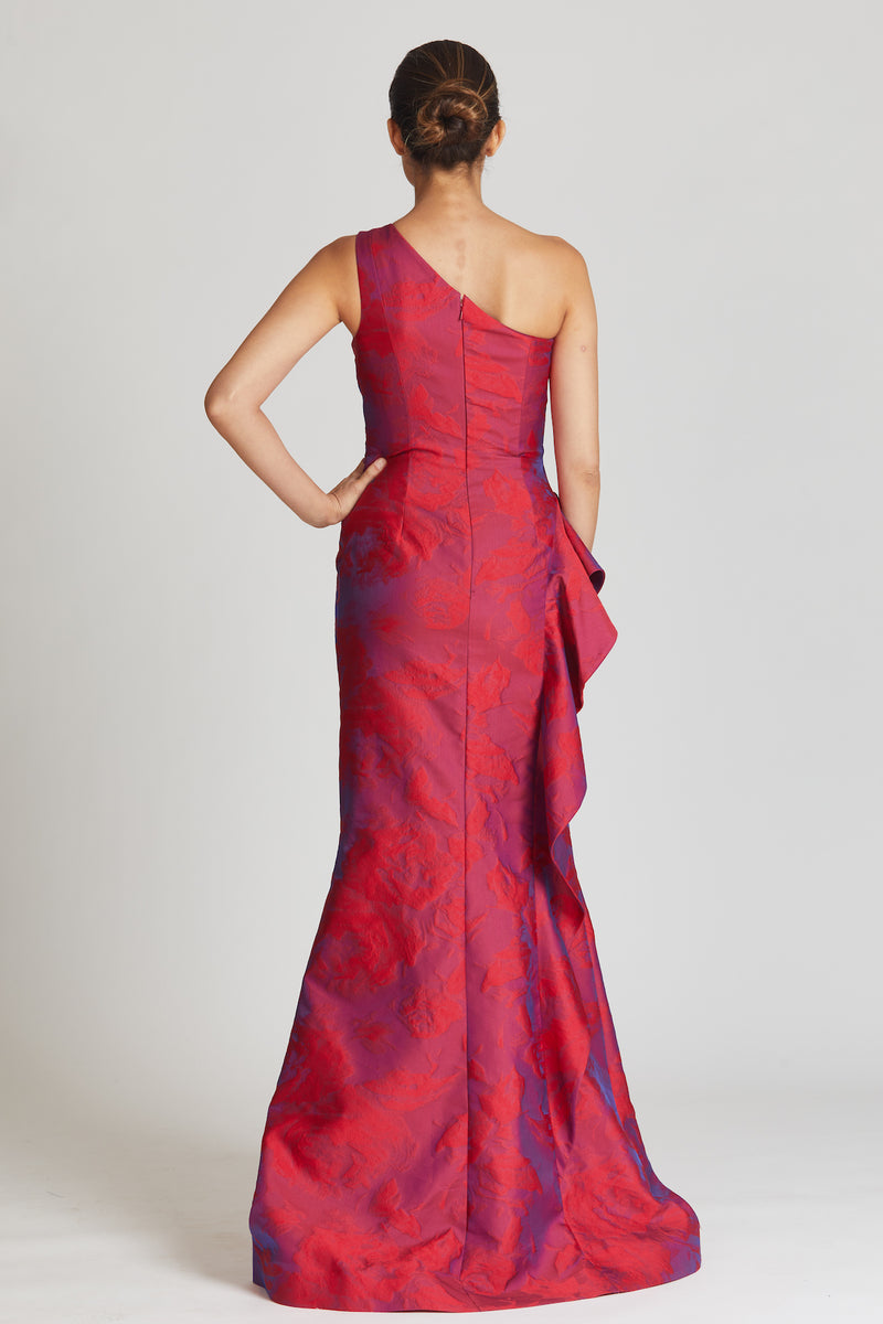 Jacquard One Shoulder Ruched Side Peplum Print Gown – Bella Rose