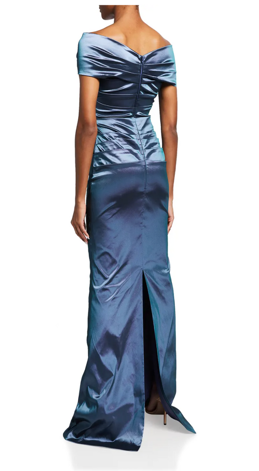 Slate Stretch Taffeta Off-the-Shoulder Gown