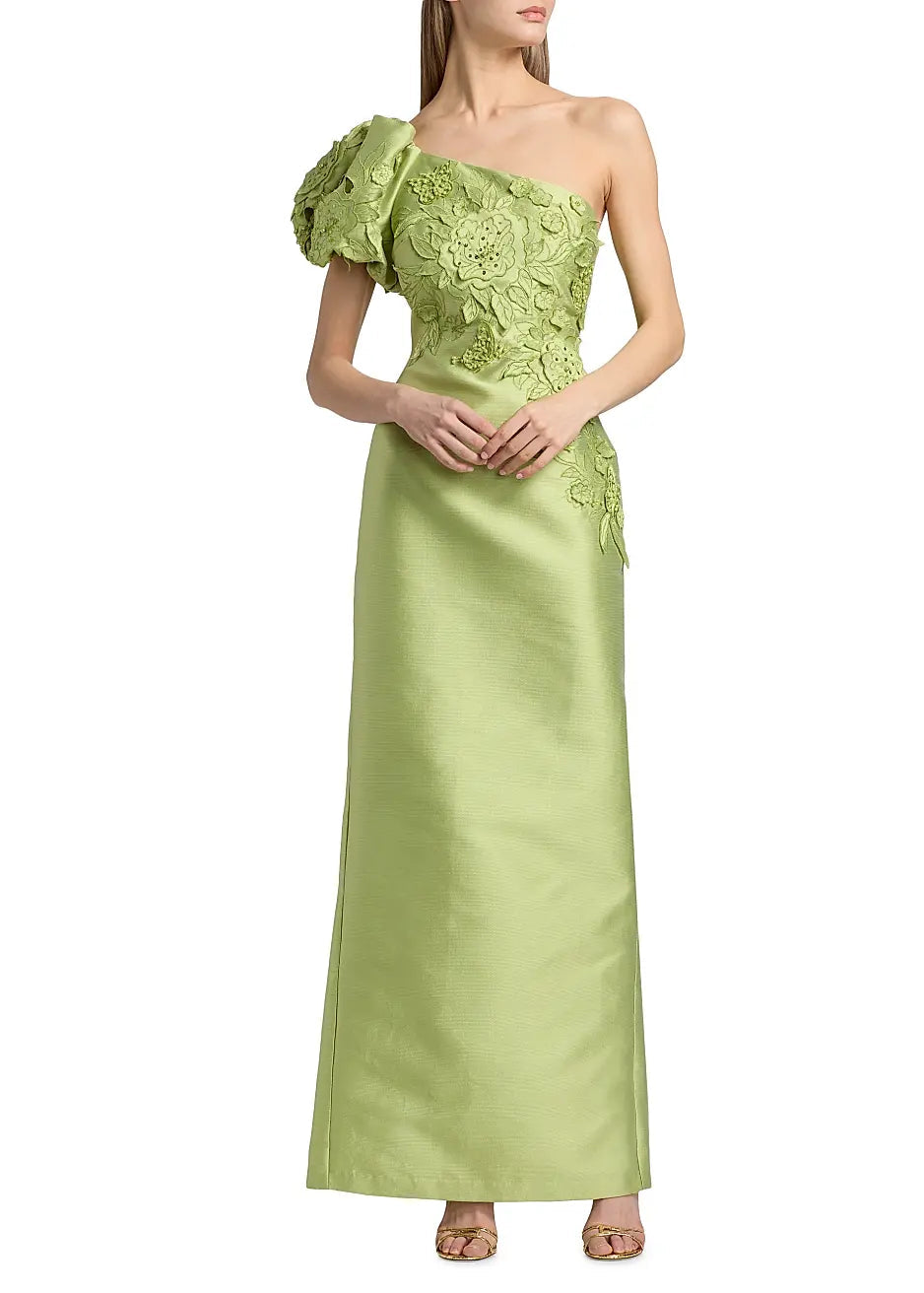 Floral Appliqué One Shoulder Gown
