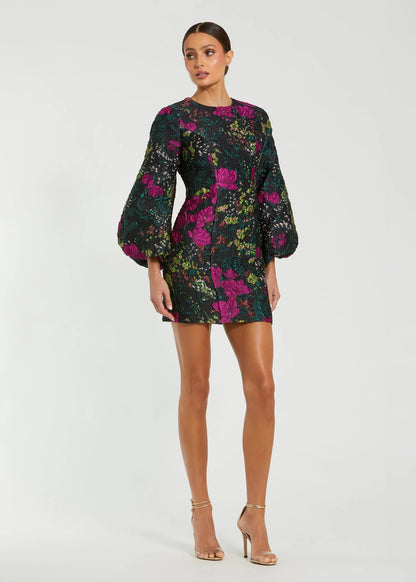Floral Brocade Puff Sleeve Fitted Mini Dress