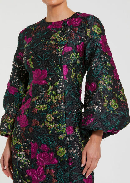 Floral Brocade Puff Sleeve Fitted Mini Dress