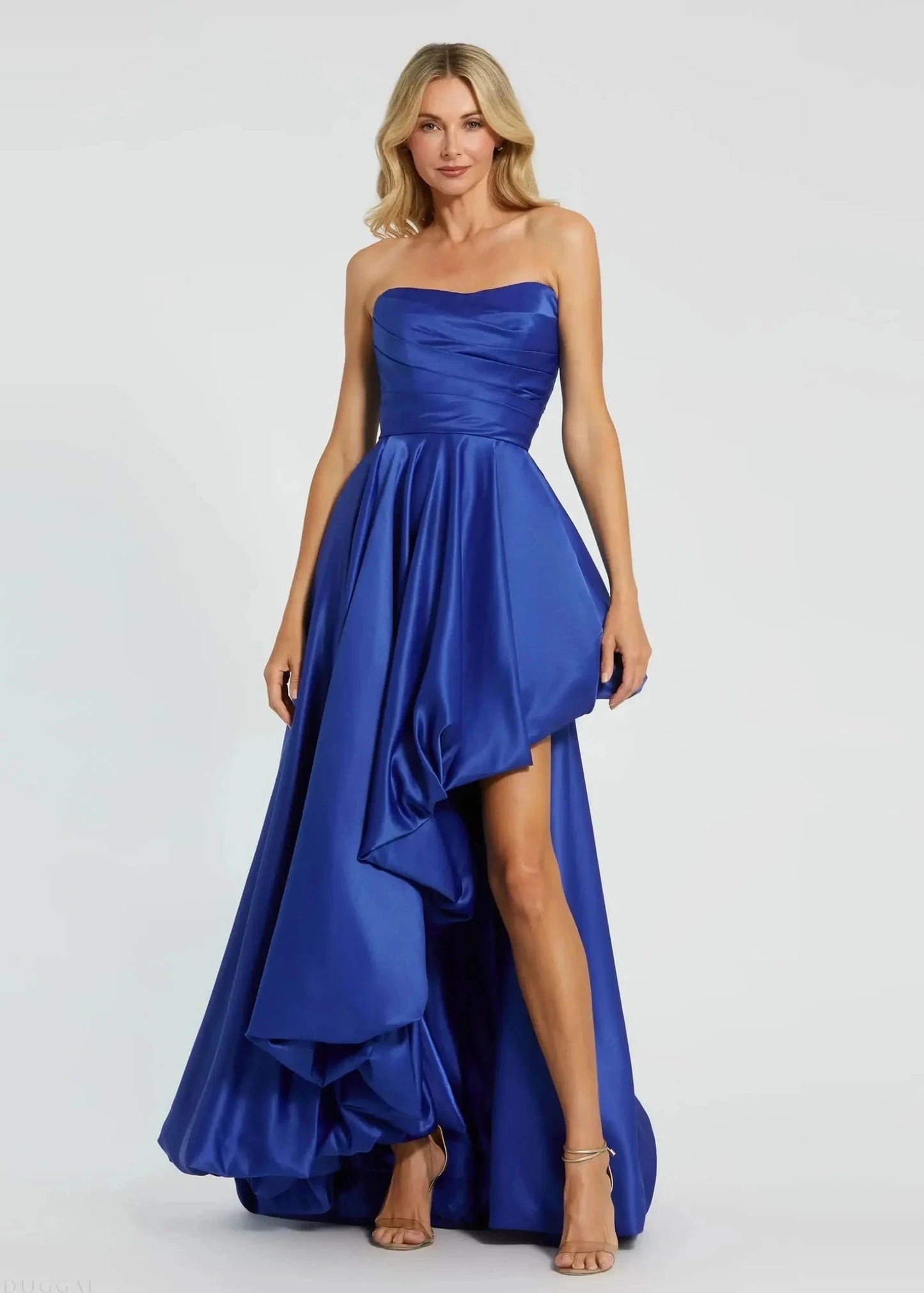 Asymmetrical High Low Strapless Ruched Gown
