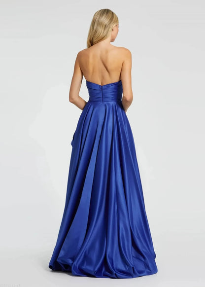 Asymmetrical High Low Strapless Ruched Gown