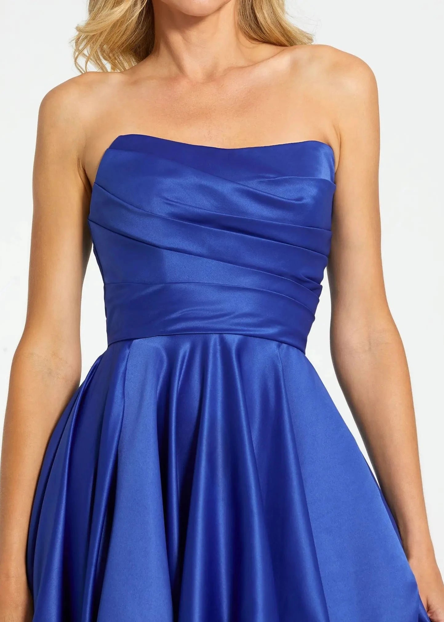 Asymmetrical High Low Strapless Ruched Gown
