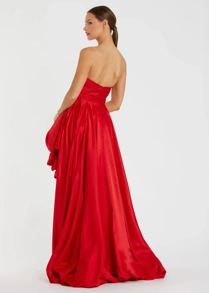 Asymmetrical High Low Strapless Ruched Gown