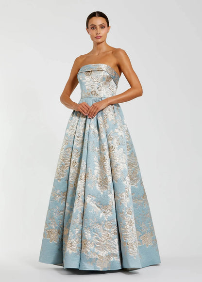 Blue Strapless Brocade Ball Gown with Pockets
