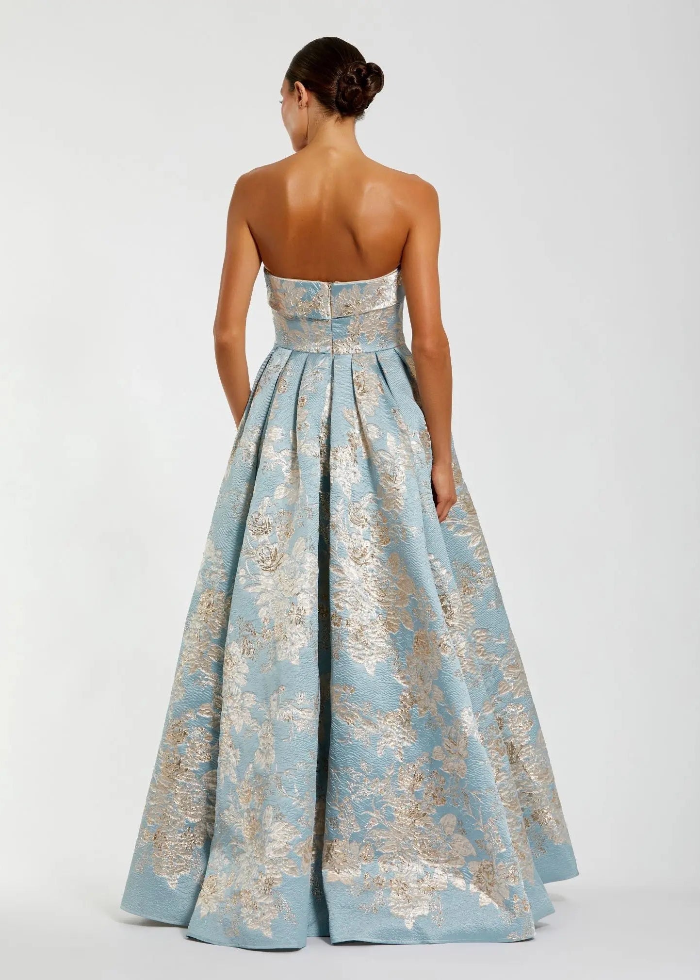 Blue Strapless Brocade Ball Gown with Pockets