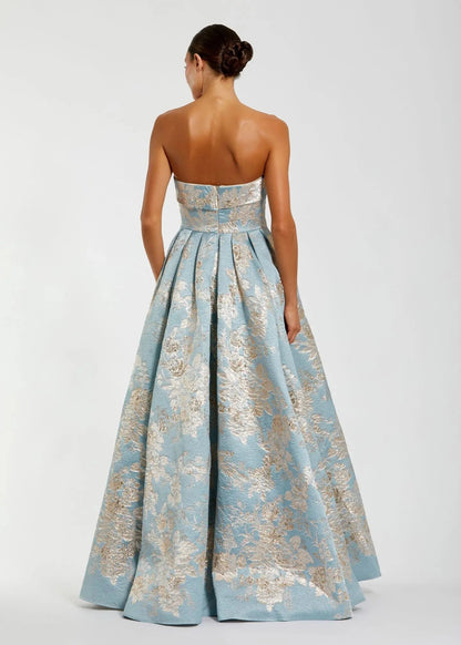 Blue Strapless Brocade Ball Gown with Pockets