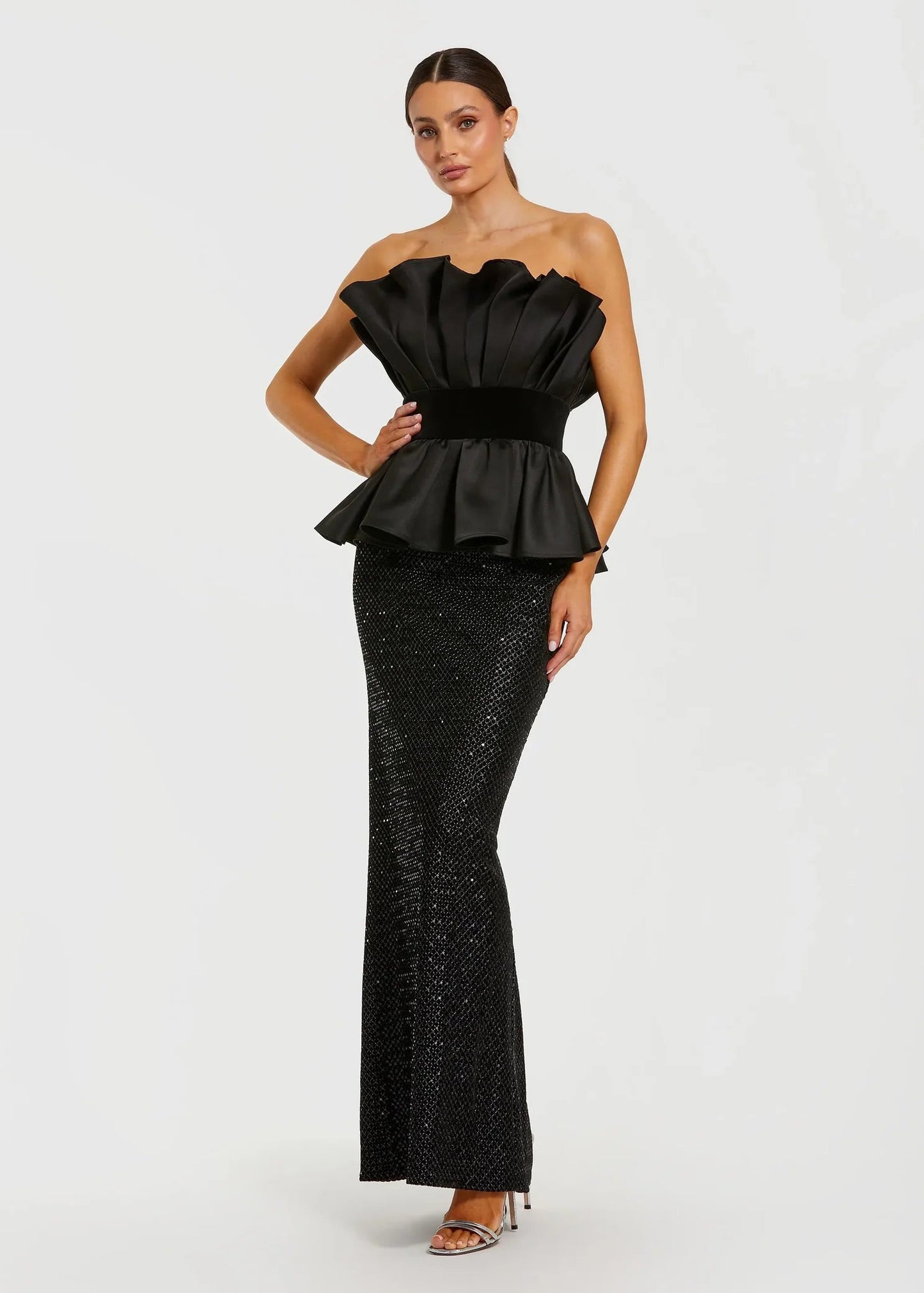 Black Strapless Satin Peplum Column Gown