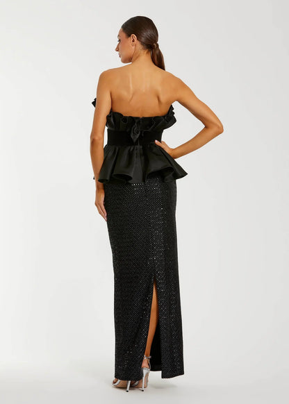 Black Strapless Satin Peplum Column Gown