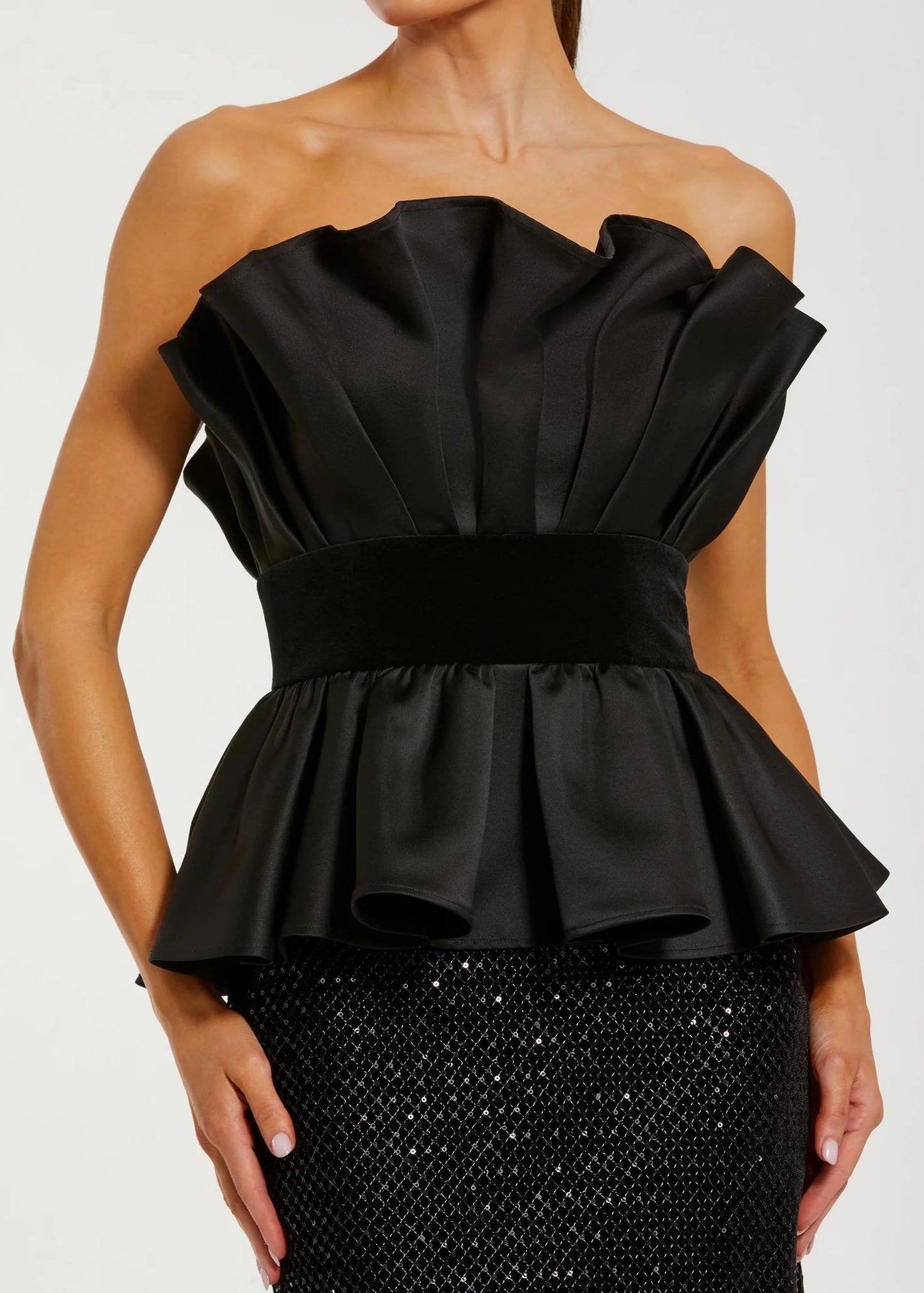 Black Strapless Satin Peplum Column Gown