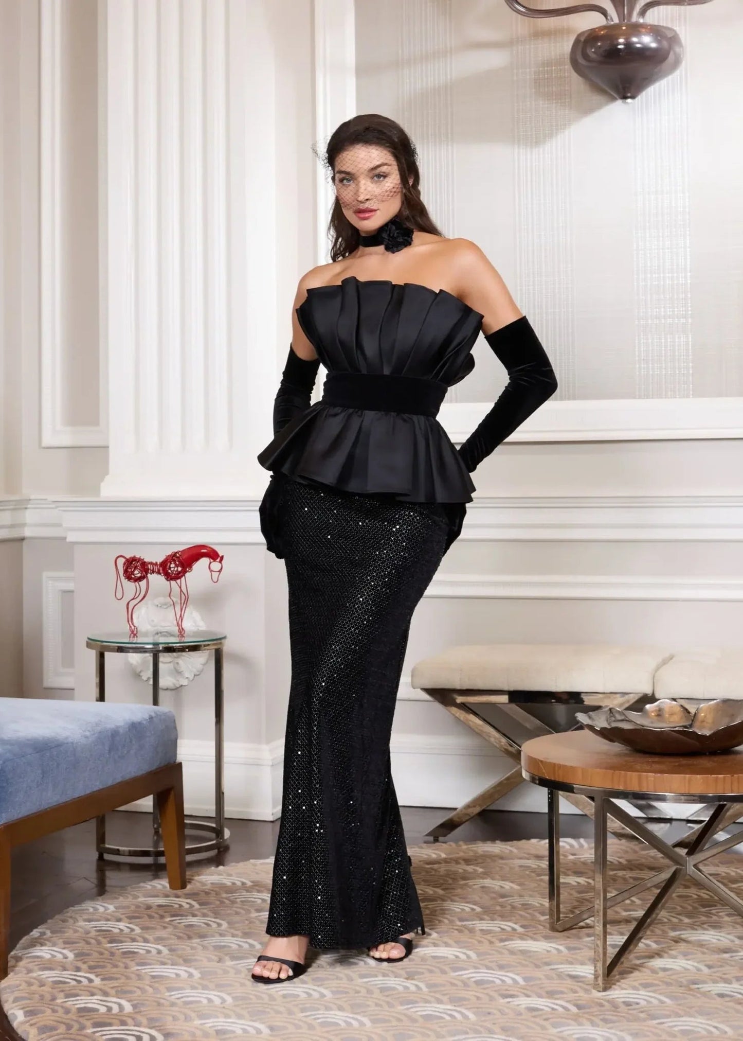 Black Strapless Satin Peplum Column Gown