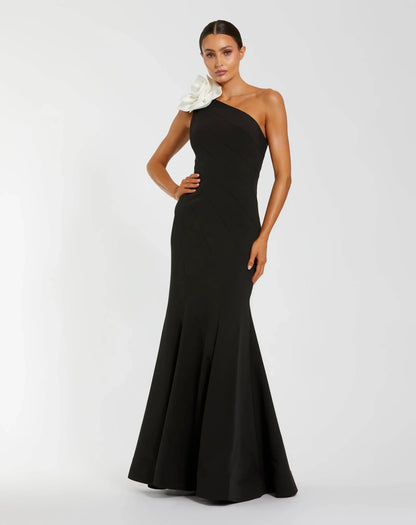 Crepe One Shoulder Mermaid Gown with 3D Flower