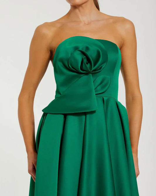 Emerald Strapless Satin A-Line Midi with 3D Flower