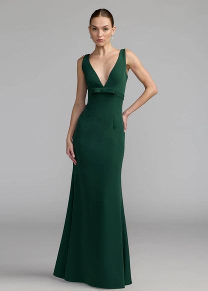 Crepe Sleeveless V Neck Mermaid Gown with Bow