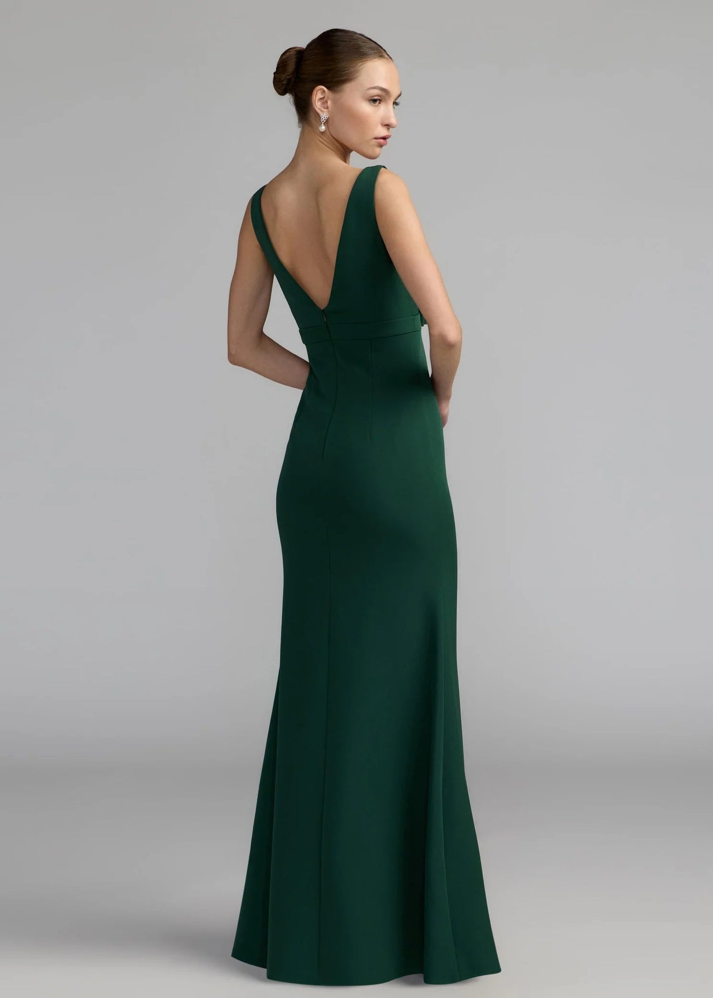 Crepe Sleeveless V Neck Mermaid Gown with Bow