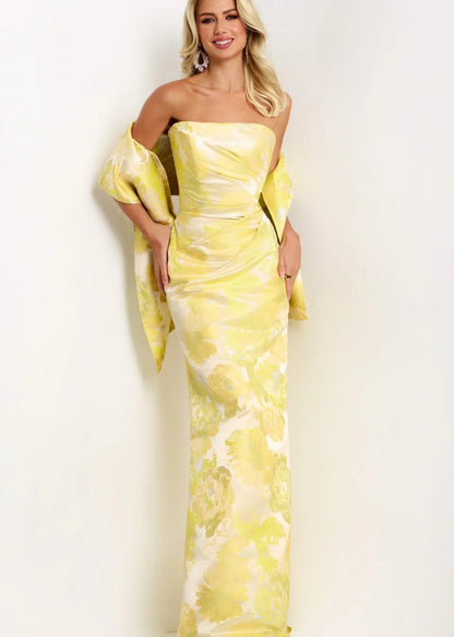 Elegant Strapless Gown with Sheen Floral Overlay