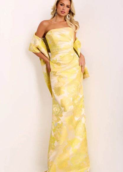 Elegant Strapless Gown with Sheen Floral Overlay