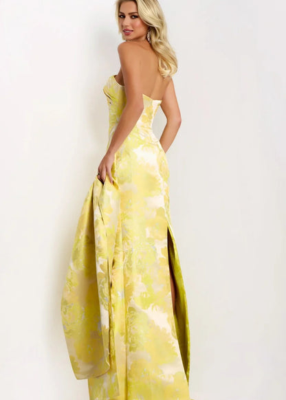 Elegant Strapless Gown with Sheen Floral Overlay