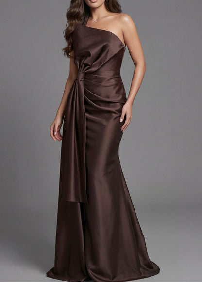 One Shoulder Draped Satin Gown
