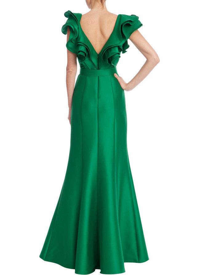 Ruffled Neckline Belted Trumpet Gown