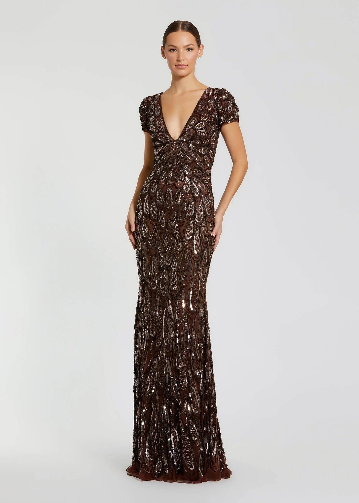 Embellished Deep V Column Gown