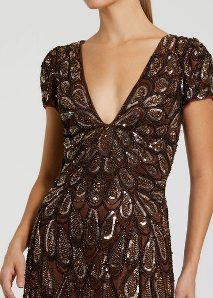 Embellished Deep V Column Gown