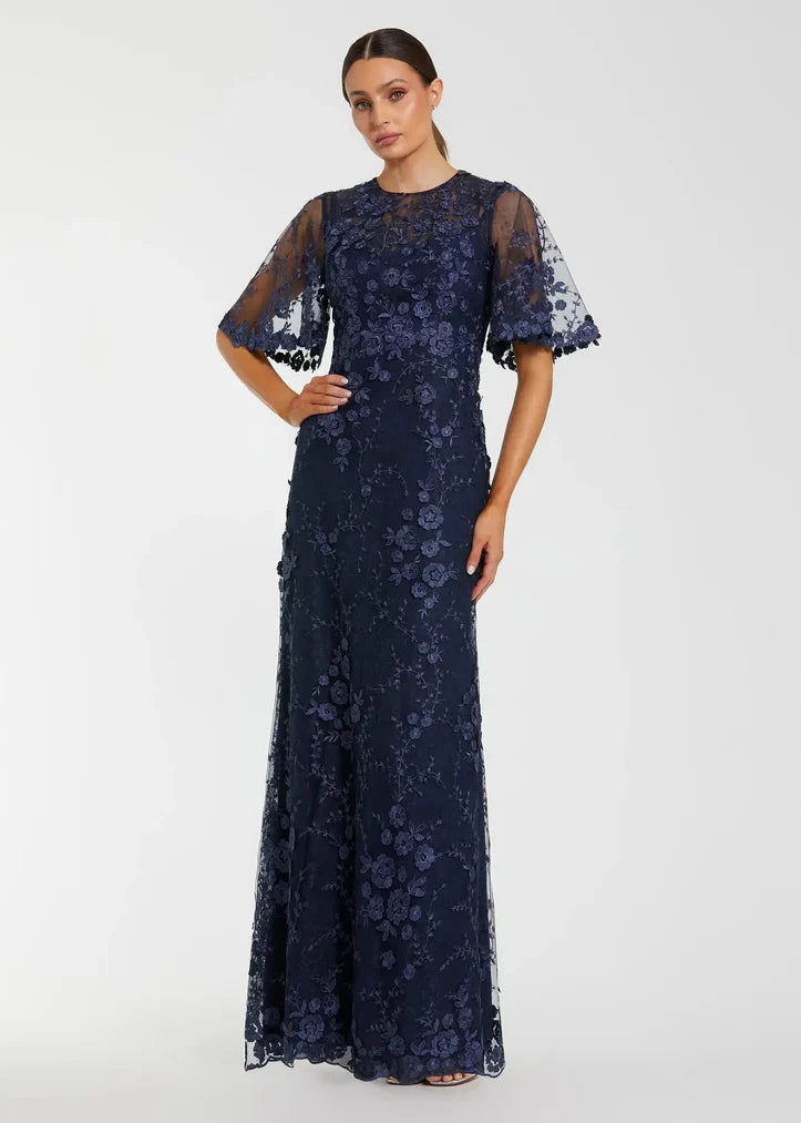 Midnight Flutter Sleeve Floral Emboridered Gown