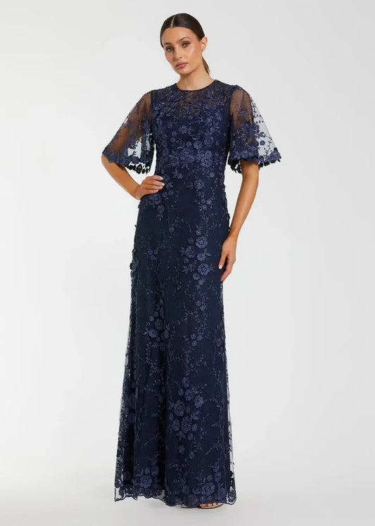Midnight Flutter Sleeve Floral Emboridered Gown