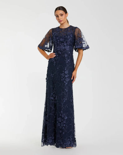 Midnight Flutter Sleeve Floral Emboridered Gown