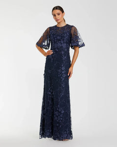 Midnight Flutter Sleeve Floral Emboridered Gown
