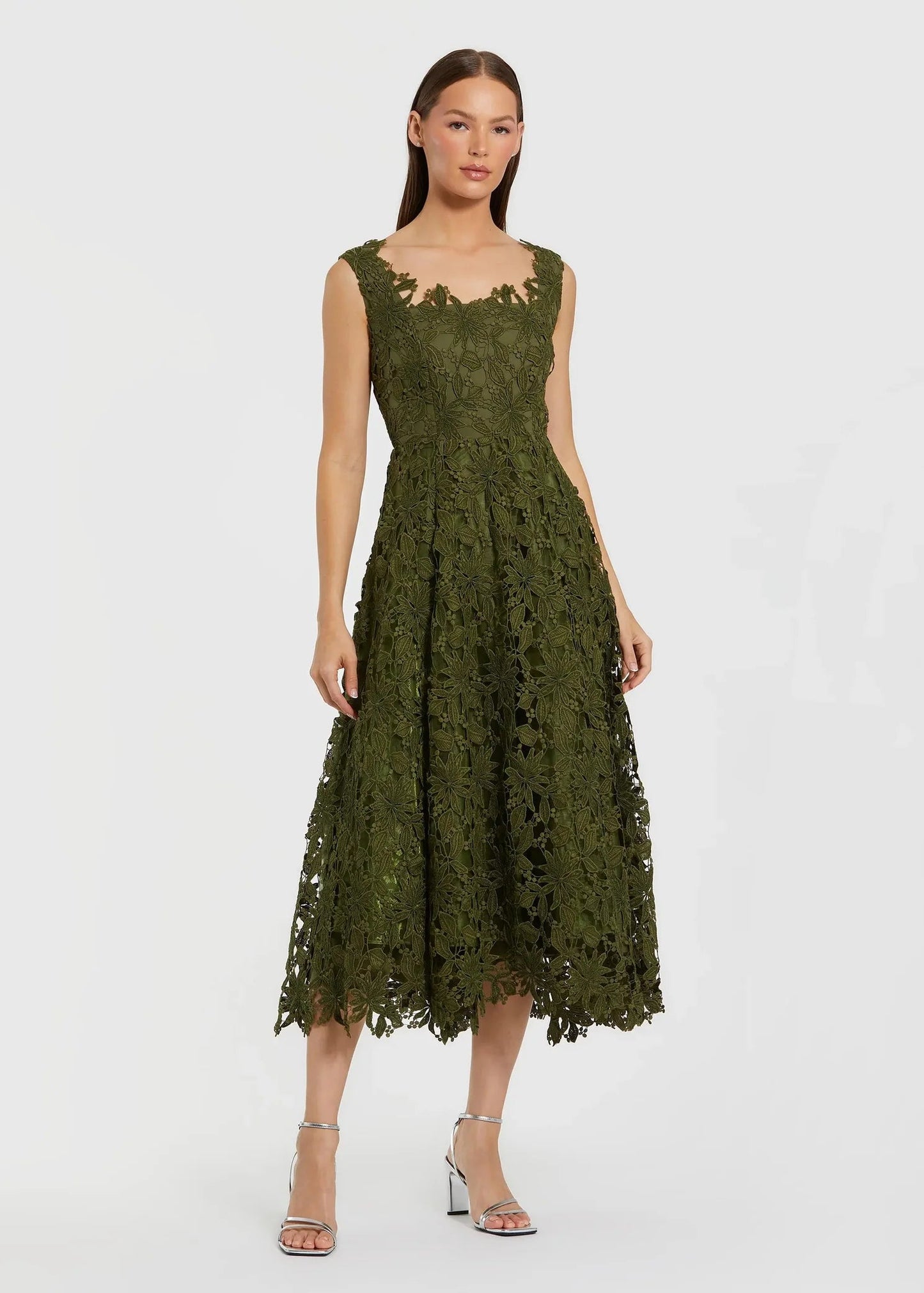 Sleeveless Embroidered Lace A-Line Midi Dress