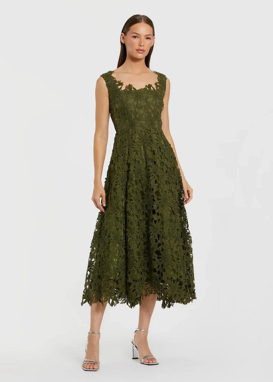 Sleeveless Embroidered Lace A-Line Midi Dress