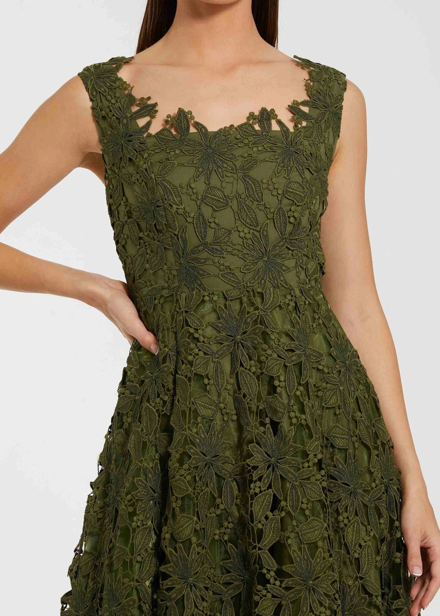 Sleeveless Embroidered Lace A-Line Midi Dress