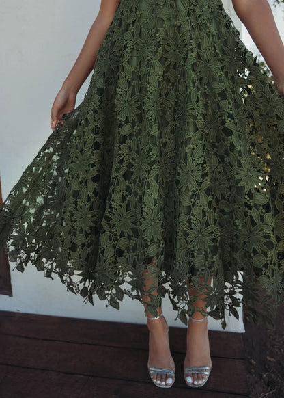 Sleeveless Embroidered Lace A-Line Midi Dress