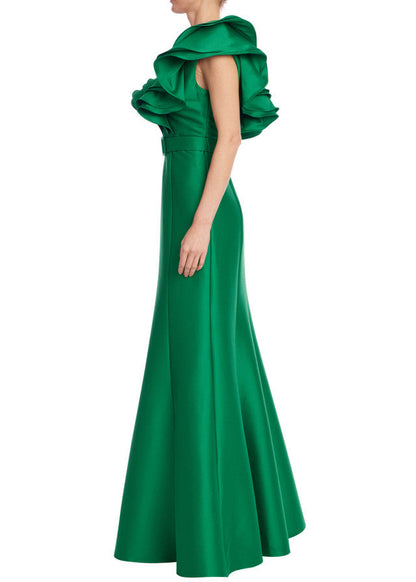 Ruffled Neckline Belted Trumpet Gown