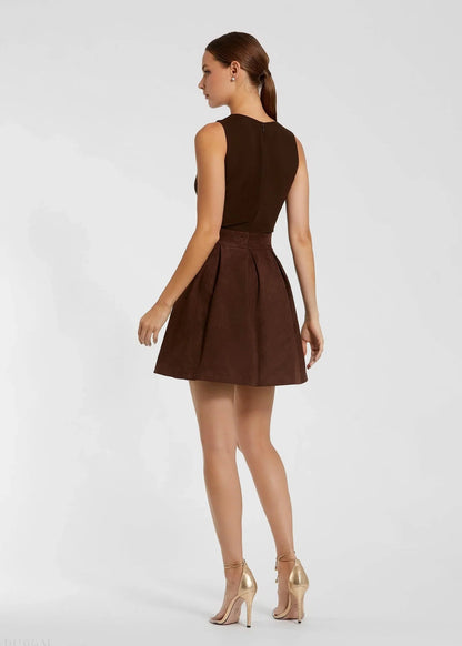 Sleeveless Mesh and Suede A Line Mini Dress