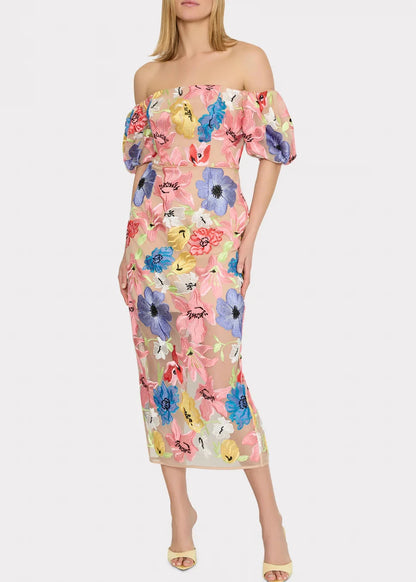 Nira Lily Floral Embroidery Midi Dress
